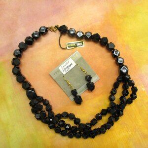 VINTAGE Black Lucite Bead Necklace Dangle Earrings~GENUINE LUCITE Jewelry Set